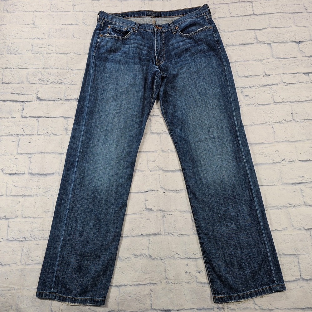 Lucky Brand 221 Original Straight Jeans Mens 36x32 Blue Medium Wash Distressed